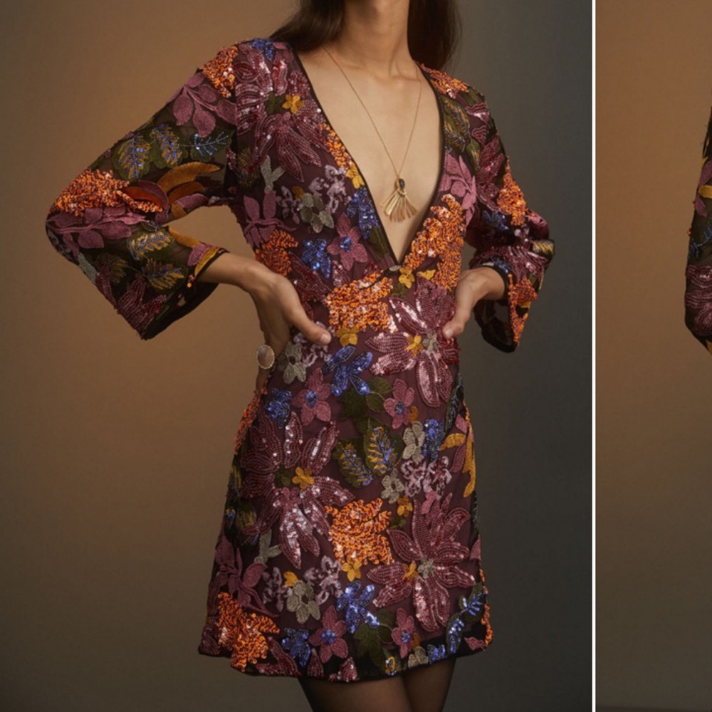 Anthropologie Sequin Embroidered Mini Dress Size 8 Burgundy Open Tie Back Low